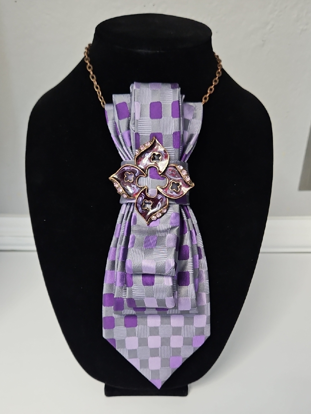Lavender Checkered Statement Necktie Necklace with Floral Brooch